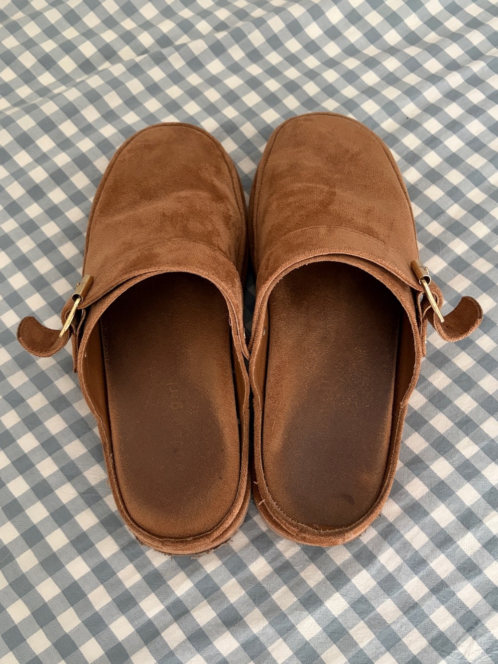 Madden Girl Brown Suede Slip-On Mules with Gold Buckle - Picture 3 of 6